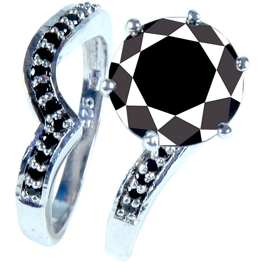 Verlobungsring Set mit schwarzen Moissaniten 5.37 Ct. / 925er Silber  Größe 8